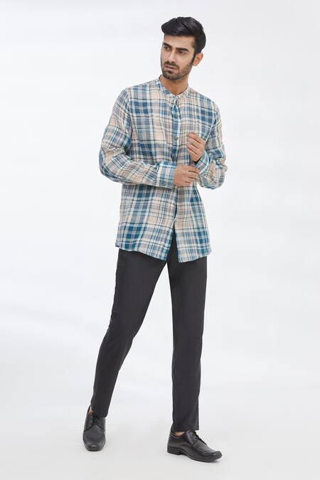 Gaurav Katta_Blue Cotton Wool Checkered Shirt _Online_at_Aza_Fashions