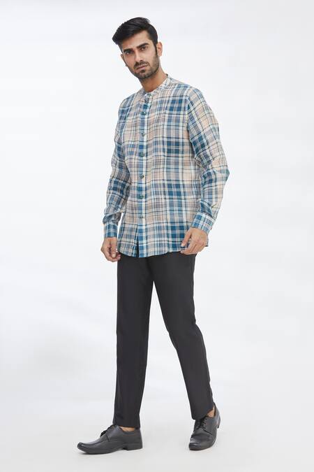 Buy_Gaurav Katta_Blue Cotton Wool Checkered Shirt _Online_at_Aza_Fashions