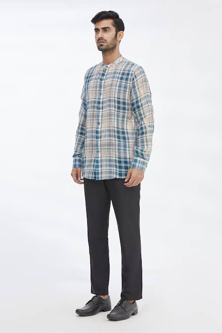 Shop_Gaurav Katta_Blue Cotton Wool Checkered Shirt _Online_at_Aza_Fashions