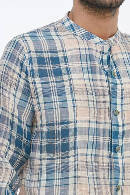 Gaurav Katta_Blue Cotton Wool Checkered Shirt _at_Aza_Fashions