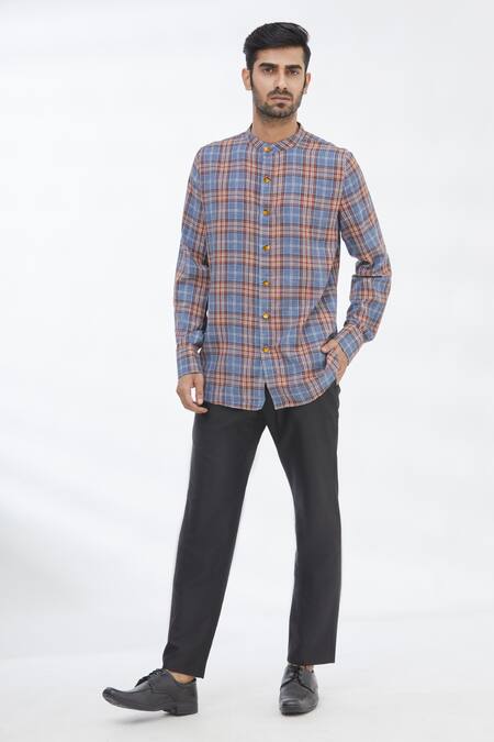 Gaurav Katta_Blue Cotton Wool Checkered Shirt _Online_at_Aza_Fashions