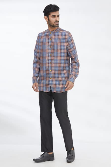 Buy_Gaurav Katta_Blue Cotton Wool Checkered Shirt _Online_at_Aza_Fashions