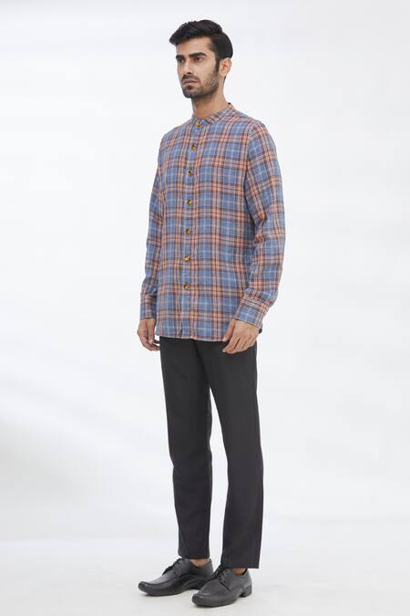Shop_Gaurav Katta_Blue Cotton Wool Checkered Shirt _Online_at_Aza_Fashions
