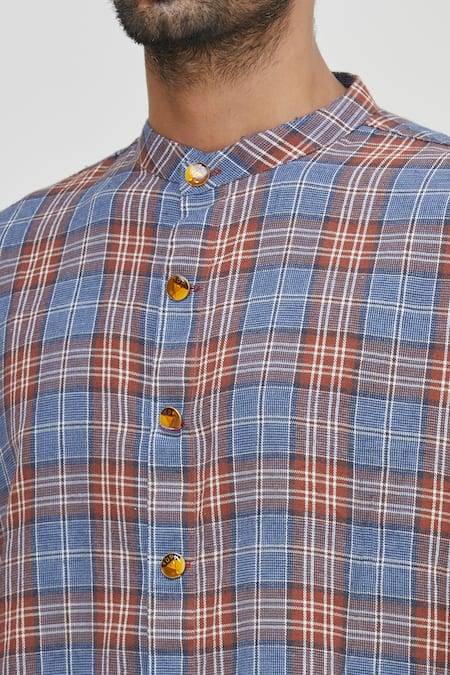 Gaurav Katta_Blue Cotton Wool Checkered Shirt _at_Aza_Fashions