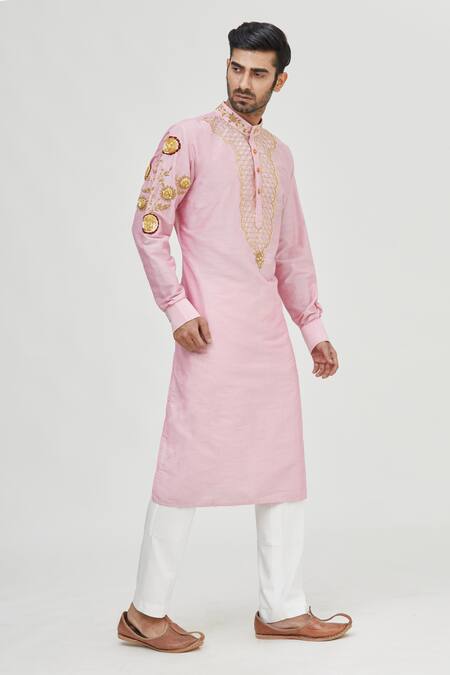 Gaurav Katta_Pink Summer Silk Embroidered Kurta _Online_at_Aza_Fashions