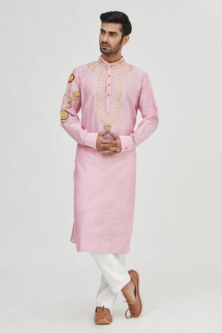 Buy_Gaurav Katta_Pink Summer Silk Embroidered Kurta _Online_at_Aza_Fashions
