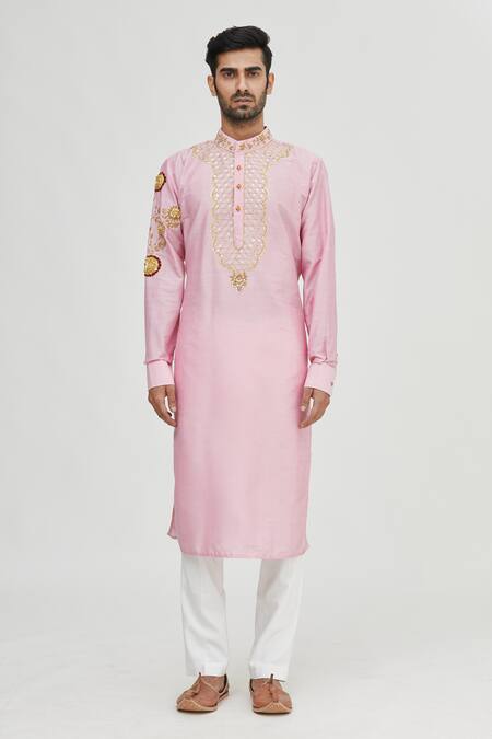 Shop_Gaurav Katta_Pink Summer Silk Embroidered Kurta _Online_at_Aza_Fashions