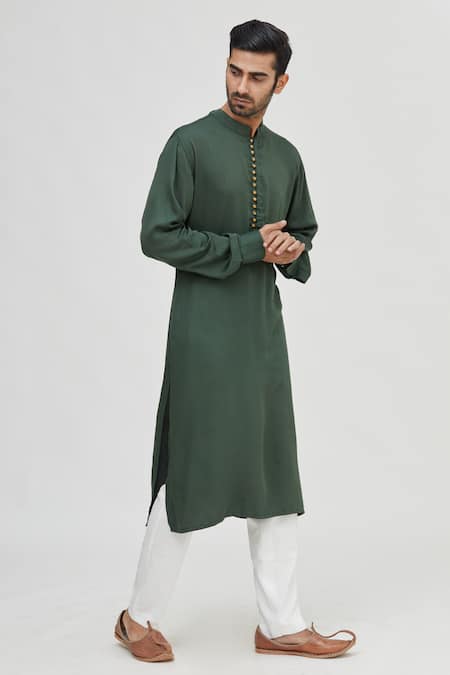Buy_Gaurav Katta_Green Modal Cotton Kurta _Online_at_Aza_Fashions