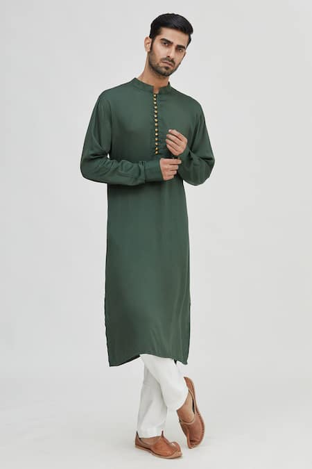Shop_Gaurav Katta_Green Modal Cotton Kurta _Online_at_Aza_Fashions