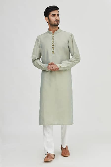 Buy_Gaurav Katta_Green Summer Silk Kurta _Online_at_Aza_Fashions