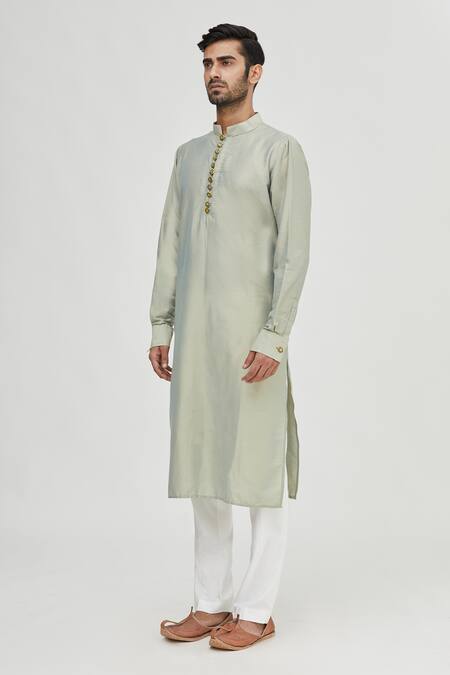 Shop_Gaurav Katta_Green Summer Silk Kurta _Online_at_Aza_Fashions