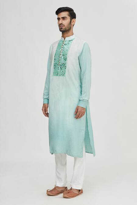 Shop_Gaurav Katta_Blue Modal Cotton Embellished Kurta _Online_at_Aza_Fashions