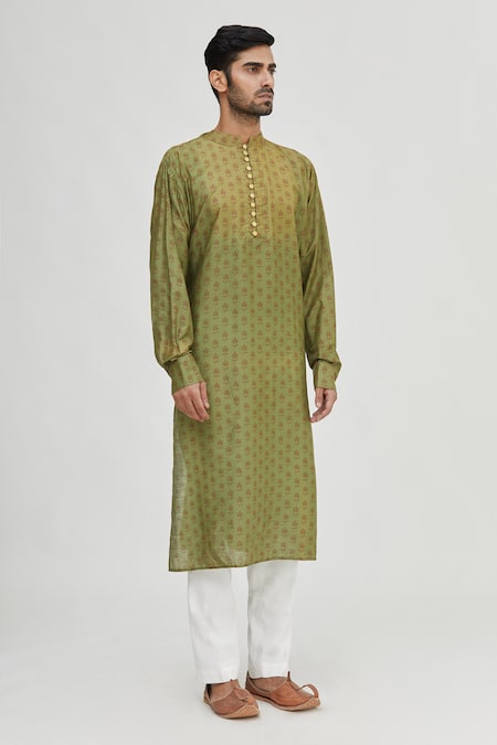 Gaurav Katta_Green Cotton Silk Printed Kurta _Online_at_Aza_Fashions