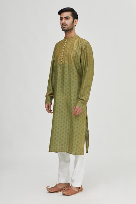 Shop_Gaurav Katta_Green Cotton Silk Printed Kurta _Online_at_Aza_Fashions