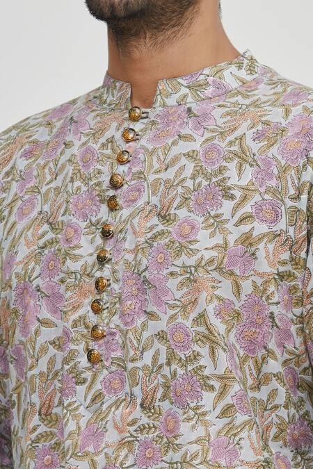 Gaurav Katta_Blue Cotton Printed Kurta _at_Aza_Fashions