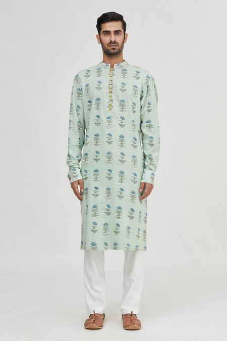 Gaurav Katta_Blue Cotton Printed Kurta _Online_at_Aza_Fashions