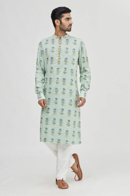 Buy_Gaurav Katta_Blue Cotton Printed Kurta _Online_at_Aza_Fashions