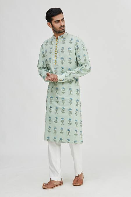 Shop_Gaurav Katta_Blue Cotton Printed Kurta _Online_at_Aza_Fashions