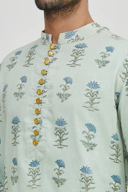 Gaurav Katta_Blue Cotton Printed Kurta _at_Aza_Fashions