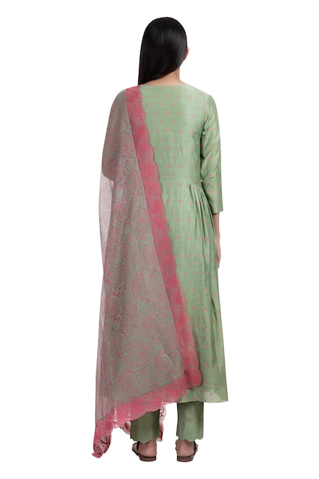 Shop Chhaya Mehrotra Green Anarkali Handwoven Chanderi Pants Cotton Dupatta Silk Organza Set at Aza Fashions Shop_Chhaya Mehrotra_Green Anarkali Handwoven Chanderi Pants Cotton Dupatta Silk Organza Set _at_Aza_Fashions