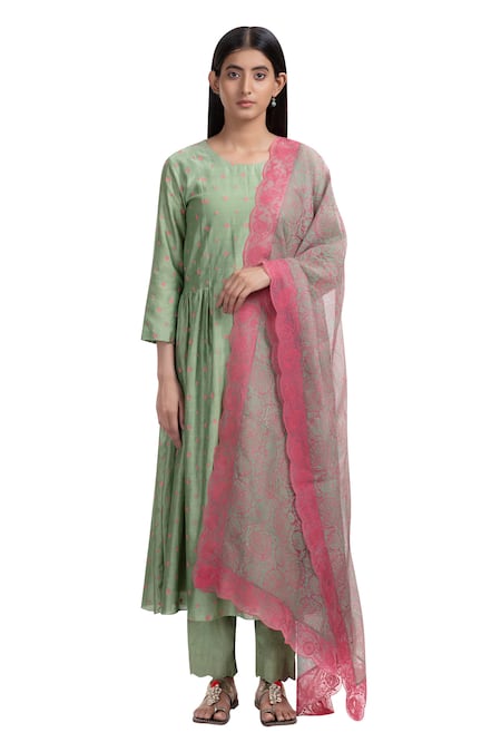 Chhaya Mehrotra Green Anarkali Handwoven Chanderi Pants Cotton Dupatta Silk Organza Set Online at Aza Fashions Chhaya Mehrotra_Green Anarkali Handwoven Chanderi Pants Cotton Dupatta Silk Organza Set _Online_at_Aza_Fashions