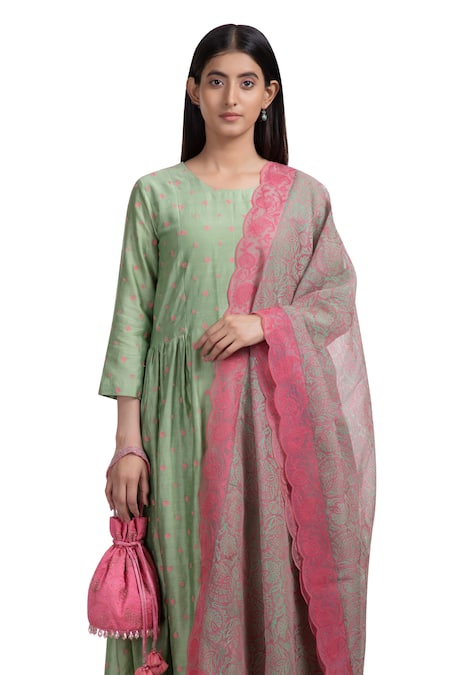 Buy Chhaya Mehrotra Green Anarkali Handwoven Chanderi Pants Cotton Dupatta Silk Organza Set Online at Aza Fashions Buy_Chhaya Mehrotra_Green Anarkali Handwoven Chanderi Pants Cotton Dupatta Silk Organza Set _Online_at_Aza_Fashions