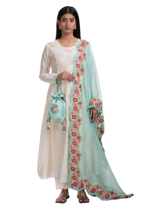 Chhaya Mehrotra White Anarkali Handwoven Chanderi Pants Cotton Dupatta Silk Organza Set Online at Aza Fashions Chhaya Mehrotra_White Anarkali Handwoven Chanderi Pants Cotton Dupatta Silk Organza Set _Online_at_Aza_Fashions