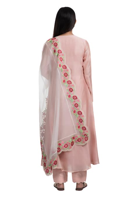 Shop Chhaya Mehrotra Peach Anarkali Handwoven Chanderi Pants Cotton Dupatta Silk Organza Set at Aza Fashions Shop_Chhaya Mehrotra_Peach Anarkali Handwoven Chanderi Pants Cotton Dupatta Silk Organza Set _at_Aza_Fashions