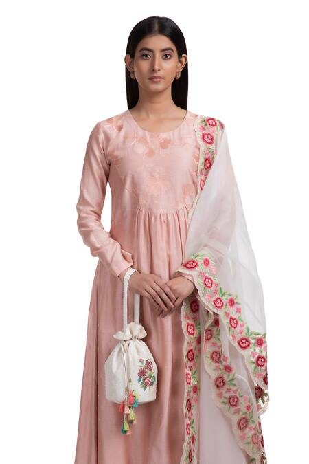 Chhaya Mehrotra Peach Anarkali Handwoven Chanderi Pants Cotton Dupatta Silk Organza Set Online at Aza Fashions Chhaya Mehrotra_Peach Anarkali Handwoven Chanderi Pants Cotton Dupatta Silk Organza Set _Online_at_Aza_Fashions