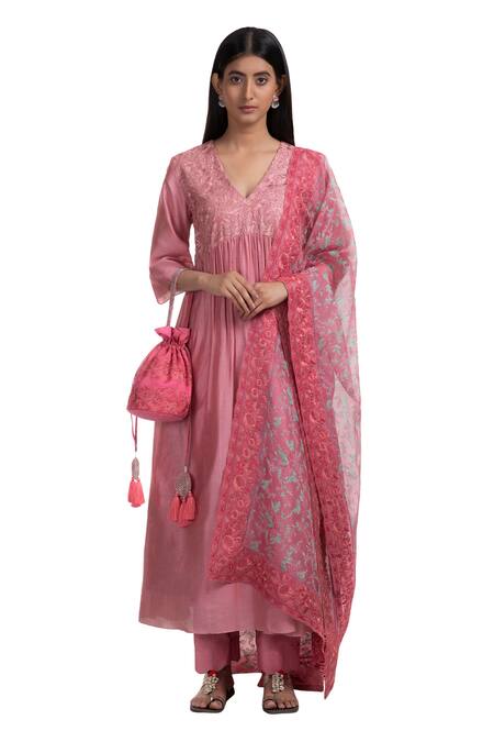 Chhaya Mehrotra_Pink Kurta Handwoven Chanderi Pants Cotton Dupatta Silk Organza V Neck Set _Online_at_Aza_Fashions