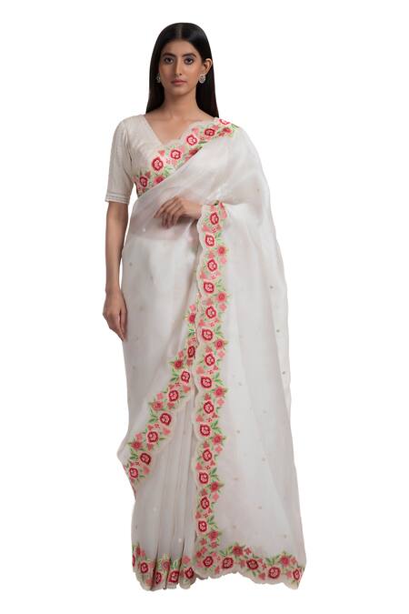 Chhaya Mehrotra_White Saree Silk Organza Blouse Handwoven Chanderi V Neck With _Online_at_Aza_Fashions