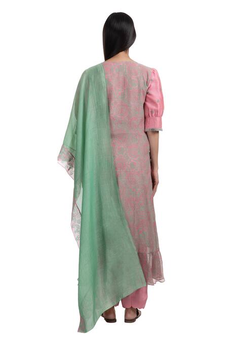 Shop Chhaya Mehrotra Pink Kurta Handwoven Chanderi Salwar Cotton V Neck Set at Aza Fashions Shop_Chhaya Mehrotra_Pink Kurta Handwoven Chanderi Salwar Cotton V Neck Set _at_Aza_Fashions