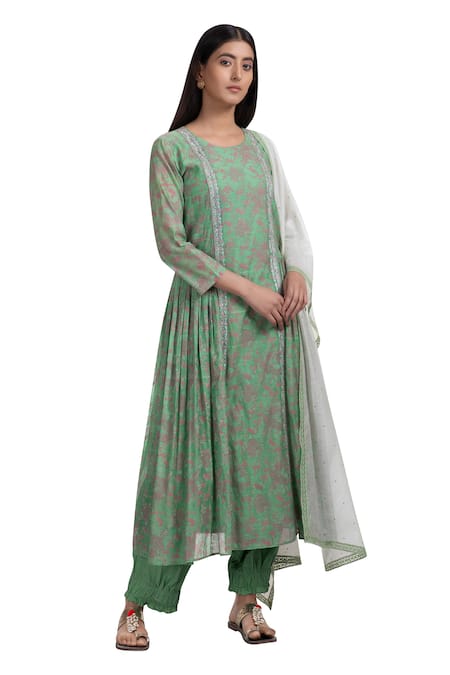 Chhaya Mehrotra Green Anarkali Handwoven Chanderi Salwar Cotton Round Set 