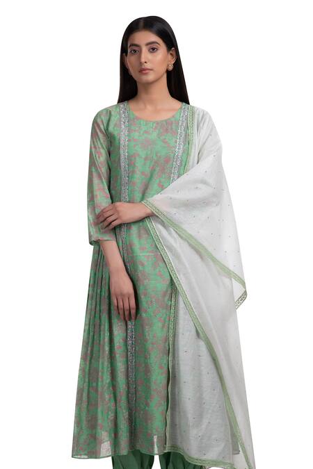 Chhaya Mehrotra Green Anarkali Handwoven Chanderi Salwar Cotton Round Set Online at Aza Fashions Chhaya Mehrotra_Green Anarkali Handwoven Chanderi Salwar Cotton Round Set _Online_at_Aza_Fashions