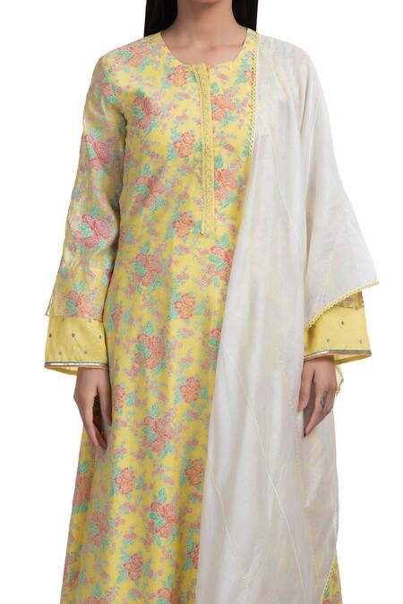Shop Chhaya Mehrotra Yellow Kurta Handwoven Chanderi Salwar Cotton Round Set Online at Aza Fashions Shop_Chhaya Mehrotra_Yellow Kurta Handwoven Chanderi Salwar Cotton Round Set _Online_at_Aza_Fashions
