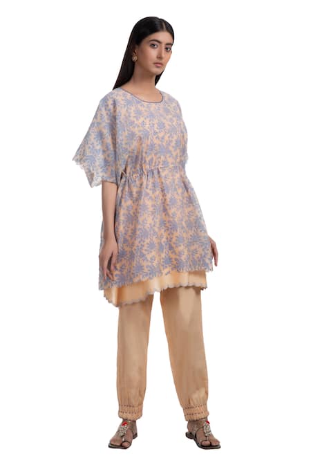 Shop Chhaya Mehrotra Peach Kurta Handwoven Chanderi Salwar Cotton Round Kaftan Tunic Set at Aza Fashions Shop_Chhaya Mehrotra_Peach Kurta Handwoven Chanderi Salwar Cotton Round Kaftan Tunic Set _at_Aza_Fashions