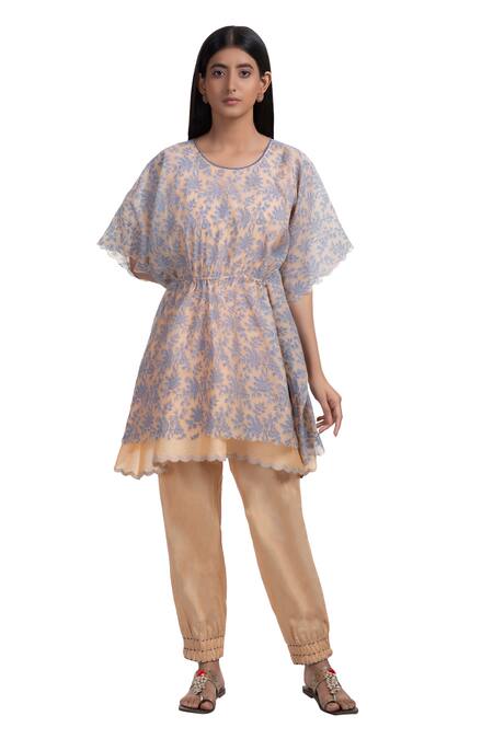 Chhaya Mehrotra Peach Kurta Handwoven Chanderi Salwar Cotton Round Kaftan Tunic Set Online at Aza Fashions Chhaya Mehrotra_Peach Kurta Handwoven Chanderi Salwar Cotton Round Kaftan Tunic Set _Online_at_Aza_Fashions