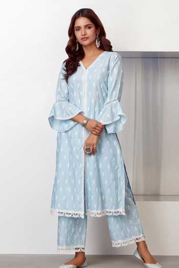 Buy Mulmul Blue Mulmul Cotton V Neck Embroidered Kurta And Palazzo Set at Aza Fashions Buy_Mulmul_Blue Mulmul Cotton V Neck Embroidered Kurta And Palazzo Set _at_Aza_Fashions