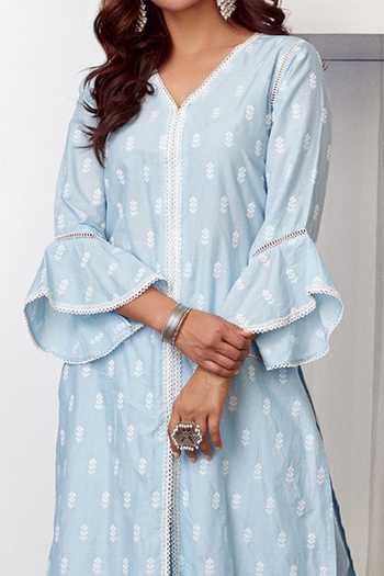 Mulmul Blue Mulmul Cotton V Neck Embroidered Kurta And Palazzo Set Online at Aza Fashions Mulmul_Blue Mulmul Cotton V Neck Embroidered Kurta And Palazzo Set _Online_at_Aza_Fashions