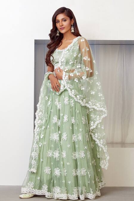 Shop Mulmul Green Floral Embroidered Lehenga Set at Aza Fashions Shop_Mulmul_Green Floral Embroidered Lehenga Set _at_Aza_Fashions