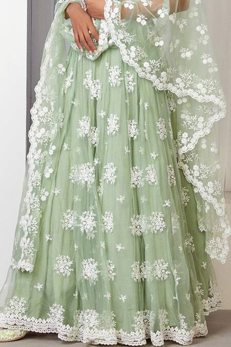 Buy Mulmul Green Floral Embroidered Lehenga Set Online at Aza Fashions Buy_Mulmul_Green Floral Embroidered Lehenga Set _Online_at_Aza_Fashions
