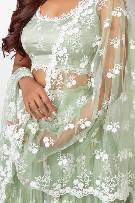 Shop Mulmul Green Floral Embroidered Lehenga Set Online at Aza Fashions Shop_Mulmul_Green Floral Embroidered Lehenga Set _Online_at_Aza_Fashions