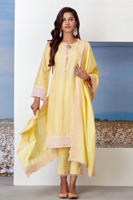 Mulmul Yellow Mulmul Cotton Tie-up Embroidered Kurta Set 