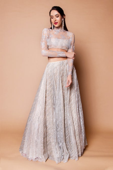 Shop Shehlaa Khan Beige Chantilly Lace Round Sheer Overlay And Lehenga Set at Aza Fashions Shop_Shehlaa Khan_Beige Chantilly Lace Round Sheer Overlay And Lehenga Set _at_Aza_Fashions