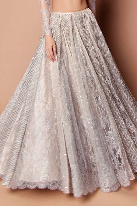 Shop Shehlaa Khan Beige Chantilly Lace Round Sheer Overlay And Lehenga Set Online at Aza Fashions Shop_Shehlaa Khan_Beige Chantilly Lace Round Sheer Overlay And Lehenga Set _Online_at_Aza_Fashions