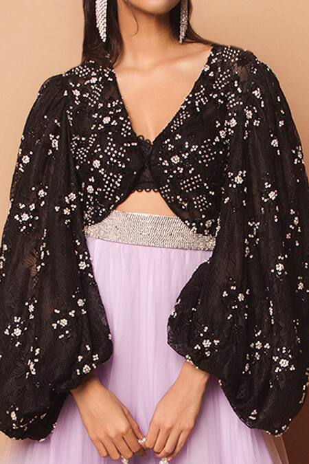 Shehlaa Khan_Purple Lace V Neck Bishop Sleeve Blouse And Lehenga Set _Online_at_Aza_Fashions