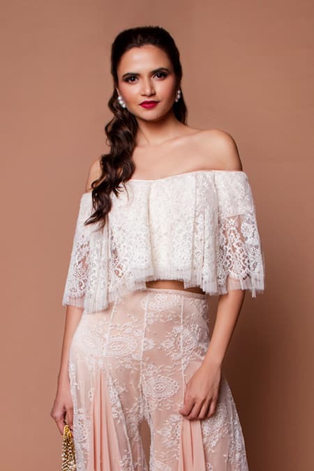 Shop Shehlaa Khan Beige Lace Off Shoulder Top And Pant Set at Aza Fashions Shop_Shehlaa Khan_Beige Lace Off Shoulder Top And Pant Set _at_Aza_Fashions