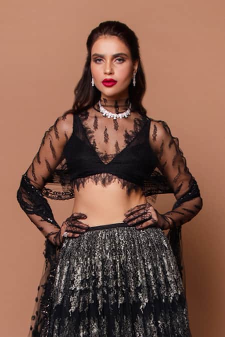 Shop Shehlaa Khan Black Chantilly Lace Crop Top V Neck Lehenga Set at Aza Fashions Shop_Shehlaa Khan_Black Chantilly Lace Crop Top V Neck Lehenga Set _at_Aza_Fashions