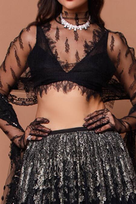 Shehlaa Khan Black Chantilly Lace Crop Top V Neck Lehenga Set Online at Aza Fashions Shehlaa Khan_Black Chantilly Lace Crop Top V Neck Lehenga Set _Online_at_Aza_Fashions