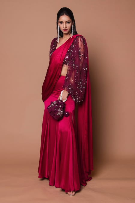 Shop Shehlaa Khan Red Satin V Neck Draped Saree With Blouse at Aza Fashions Shop_Shehlaa Khan_Red Satin V Neck Draped Saree With Blouse _at_Aza_Fashions
